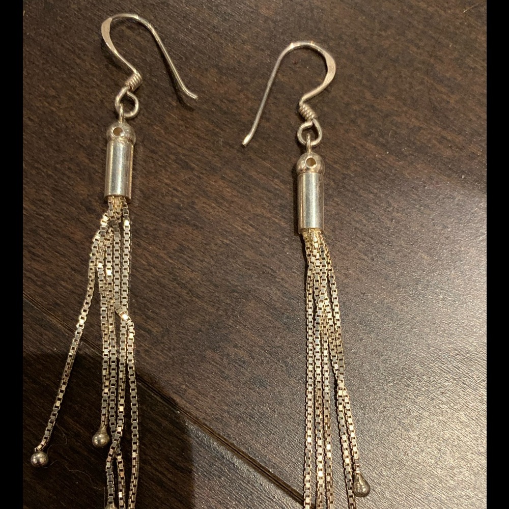 Genuine 925 long earrings with 5 strands and small silver sphere on ends